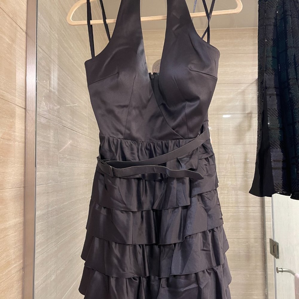 BCBG Paris black satin tiered ruffle halter dress size 8 evening party